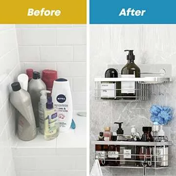 KESOL Shower Caddy and Soap Dish with Hooks Shower Shelf Organizer, No Drilling Adhesive Wall Mounted Bathroom Shelf, Rustproof SUS304 Stainless Steel (2 Pack), Silver