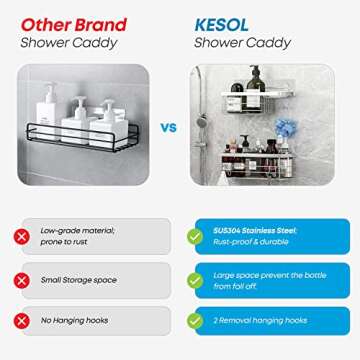 KESOL Shower Caddy and Soap Dish with Hooks Shower Shelf Organizer, No Drilling Adhesive Wall Mounted Bathroom Shelf, Rustproof SUS304 Stainless Steel (2 Pack), Silver
