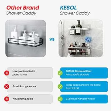 KESOL Shower Caddy and Soap Dish with Hooks Shower Shelf Organizer, No Drilling Adhesive Wall Mounted Bathroom Shelf, Rustproof SUS304 Stainless Steel (2 Pack), Silver