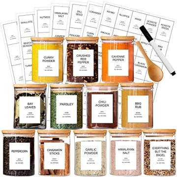 GPOVVIMX 12 Pcs Glass Spice Jars with Bamboo Airtight Lids & 191 Labels - Perfect for Kitchen Organi...