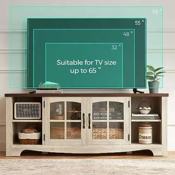 LINSY HOME Farmhouse TV Stand for 65 Inch TV, Wood Entertainment Center with Glass Door Storage Cabinet & Adjustable Shelves, Large Sturdy TV Console Table for Living Room Bedroom