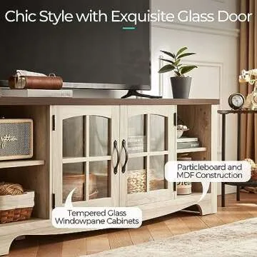 LINSY HOME Farmhouse TV Stand for 65 Inch TV, Wood Entertainment Center with Glass Door Storage Cabinet & Adjustable Shelves, Large Sturdy TV Console Table for Living Room Bedroom