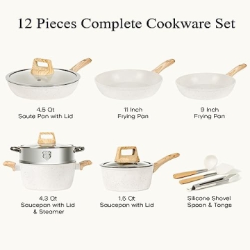 Pots and Pans Set Non Stick,12 Pcs Kitchen Cookware Sets Nonstick Induction Cookware White Granite Cooking Set with Frying Pans, Saucepans, Steamer Silicone Shovel Spoon & Tongs (NO PFOS, PFOA)