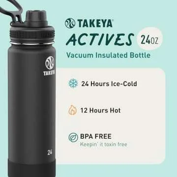Takeya Actives 24 oz Vacuum Insulated Stainless Steel Water Bottle with Spout Lid, Premium Quality, ...