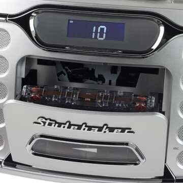 Studebaker Retro Edge Big Sound Bluetooth Boombox with CD/Cassette Player-Recorder/AM-FM Stereo Radio (Silver/SB2150S)