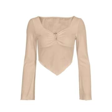 Avanova Women Ruched Front Long Sleeve Knit Ribbed Crop Top Square Neck Asymmetrical Hem Tees Shirt Apricot 51 Small