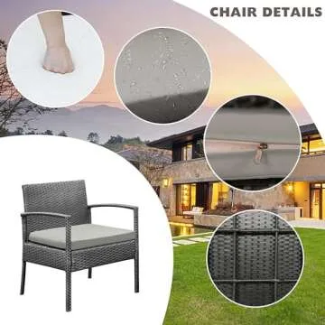 PROHIKER 3 PCS Patio Rattan Conversation Chairs Set, Outdoor Patio Furniture Balcony Furniture Set, Wicker Patio Bistro Set for Garden Porch Balcony Yard, Gray