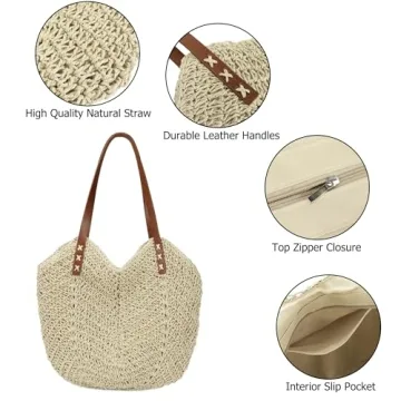 Womens Handmade Large Straw Tote Bag for Summer