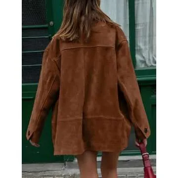 chouyatou Women's Fall Boyfriend Faux Suede Leather Jacket Casual Midi Long Button Down Shacket Coat...