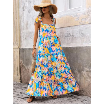 PRETTYGARDEN Summer Dresses for Women 2024 Sleeveless Spaghetti Strap Long Floral Maxi Dress Boho A Line Beach Sundresses(Multicolored Blue,Medium)
