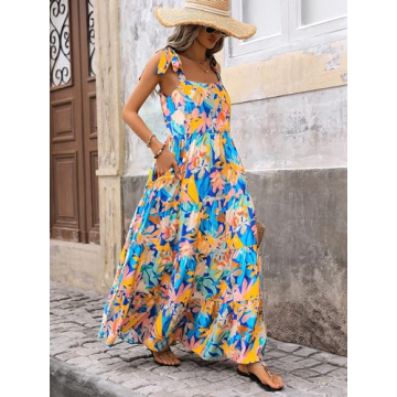 PRETTYGARDEN Summer Dresses for Women 2024 Sleeveless Spaghetti Strap Long Floral Maxi Dress Boho A Line Beach Sundresses(Multicolored Blue,Medium)
