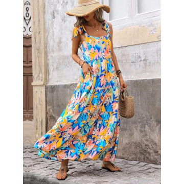PRETTYGARDEN Summer Dresses for Women 2024 Sleeveless Spaghetti Strap Long Floral Maxi Dress Boho A Line Beach Sundresses(Multicolored Blue,Medium)