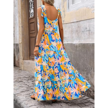 PRETTYGARDEN Summer Dresses for Women 2024 Sleeveless Spaghetti Strap Long Floral Maxi Dress Boho A Line Beach Sundresses(Multicolored Blue,Medium)