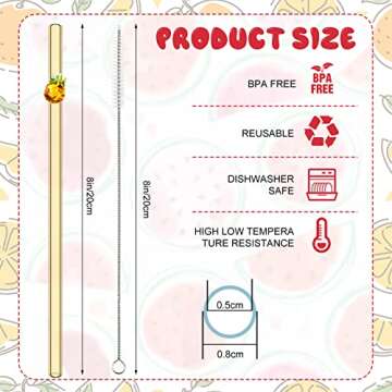 6 Pcs Glass Straws with Design Reusable Cute Fruit Drinking Straws 7.9in x 8mm Colorful Party Favors...