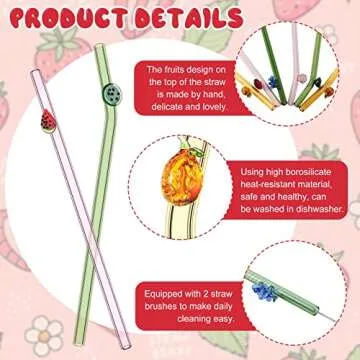 6 Pcs Glass Straws with Design Reusable Cute Fruit Drinking Straws 7.9in x 8mm Colorful Party Favors Decorations with 2 Cleaning Brushes for Summer Beach Birthday(Bent, Straight)