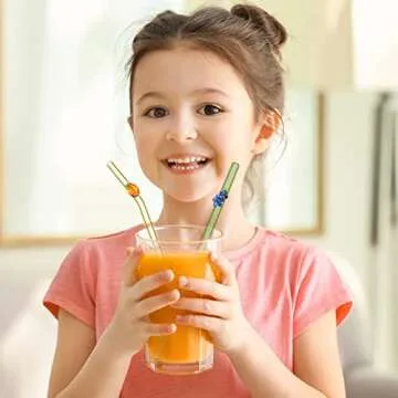 6 Pcs Glass Straws with Design Reusable Cute Fruit Drinking Straws 7.9in x 8mm Colorful Party Favors Decorations with 2 Cleaning Brushes for Summer Beach Birthday(Bent, Straight)