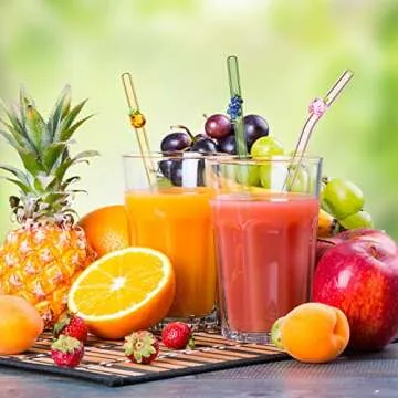 6 Pcs Glass Straws with Design Reusable Cute Fruit Drinking Straws 7.9in x 8mm Colorful Party Favors Decorations with 2 Cleaning Brushes for Summer Beach Birthday(Bent, Straight)