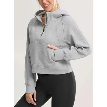 SANTINY Women's Fleece Cropped Hoodies Half Zip Lined Pullover Sweatshirt Athletic Workout Hoodie with Pockets Thumb Hole (Light Grey_S)