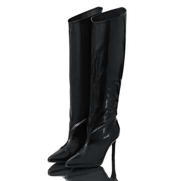 Shoe'N Tale Women's Knee High Boots Pointed Toe Stiletto High Heel Metallic Party Dressy Slip-on Boo...