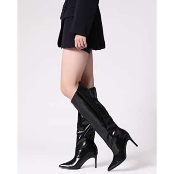 Shoe'N Tale Women's Knee High Boots Pointed Toe Stiletto High Heel Metallic Party Dressy Slip-on Booties Shoes(8.5,Black)