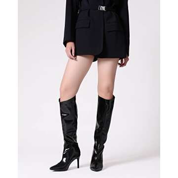 Shoe'N Tale Women's Knee High Boots Pointed Toe Stiletto High Heel Metallic Party Dressy Slip-on Booties Shoes(8.5,Black)