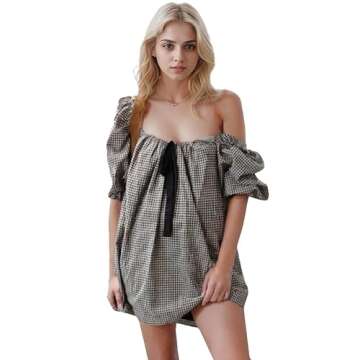 Wayolyn Aesthetic Gingham Bow Dress for Women Babydoll Dresses Short Puff Sleeve Bow Tie Fairy Sundress Party Vacation Outfit (Bowtie Black,Large,Large)