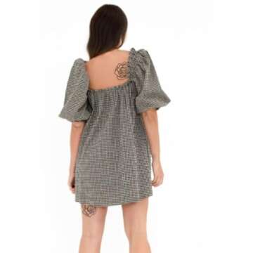 Wayolyn Aesthetic Gingham Bow Dress for Women Babydoll Dresses Short Puff Sleeve Bow Tie Fairy Sundress Party Vacation Outfit (Bowtie Black,Large,Large)