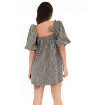 Wayolyn Aesthetic Gingham Bow Dress for Women Babydoll Dresses Short Puff Sleeve Bow Tie Fairy Sundress Party Vacation Outfit (Bowtie Black,Large,Large)