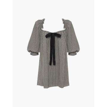 Wayolyn Aesthetic Gingham Bow Dress for Women Babydoll Dresses Short Puff Sleeve Bow Tie Fairy Sundress Party Vacation Outfit (Bowtie Black,Large,Large)