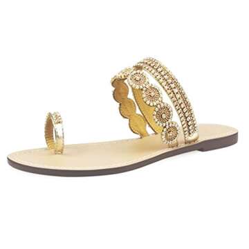 AIJIVOU Mayou Flat Sandals for Women Flip Flops with Clip Toe Ring Rhinestone Crystal Jeweled Sandal Shoes for Summer Beach Oceanside Holiday Outdoor (9 M US, Gold)