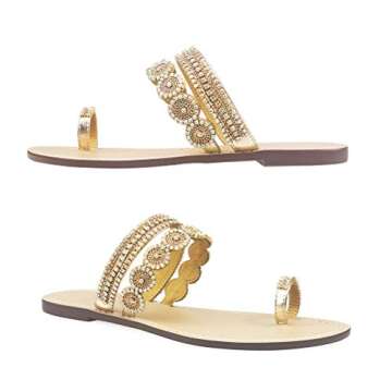 AIJIVOU Mayou Flat Sandals for Women Flip Flops with Clip Toe Ring Rhinestone Crystal Jeweled Sandal Shoes for Summer Beach Oceanside Holiday Outdoor (9 M US, Gold)