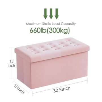 PRANDOM Extra Large Ottoman with Storage [1-Pack] Velvet Folding Small Square Foot Stool with Lid for Toy Living Room Bedroom Coffee Table Dorm Pink 30.5x15x15 inches