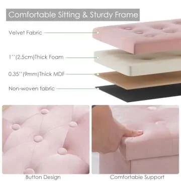 PRANDOM Extra Large Ottoman with Storage [1-Pack] Velvet Folding Small Square Foot Stool with Lid for Toy Living Room Bedroom Coffee Table Dorm Pink 30.5x15x15 inches