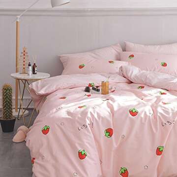 AOJIM Strawberry Kids and Adults Duvet Cover Queen Size, 100% Cotton Pink Anime Bedding Comforter Co...