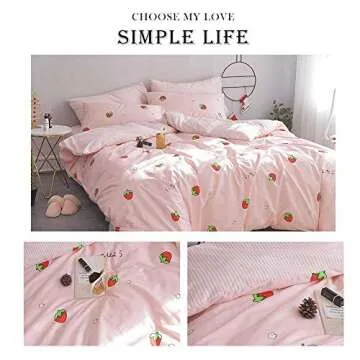 AOJIM Strawberry Kids and Adults Duvet Cover Queen Size, 100% Cotton Pink Anime Bedding Comforter Cover Set 3pcs with Zipper Closure, 1 Cute Soft Quilt Cover and 2 Pillowcases for Room Decor, No Duvet