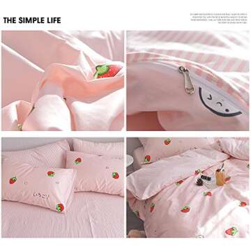 AOJIM Strawberry Kids and Adults Duvet Cover Queen Size, 100% Cotton Pink Anime Bedding Comforter Cover Set 3pcs with Zipper Closure, 1 Cute Soft Quilt Cover and 2 Pillowcases for Room Decor, No Duvet