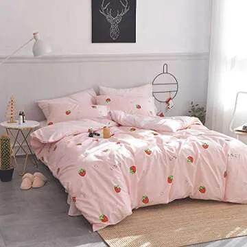 AOJIM Strawberry Kids and Adults Duvet Cover Queen Size, 100% Cotton Pink Anime Bedding Comforter Cover Set 3pcs with Zipper Closure, 1 Cute Soft Quilt Cover and 2 Pillowcases for Room Decor, No Duvet
