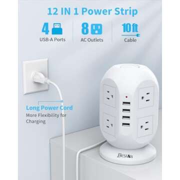 Tower Surge Protector Power Strip, BESFAN 10 Ft Extension Cord with Multiple Outlets, 1050J Surge Pr...
