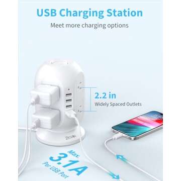 Tower Surge Protector Power Strip, BESFAN 10 Ft Extension Cord with Multiple Outlets, 1050J Surge Protector, 8 Outlets 4 USB Ports Charging Station for Home Office Supplies Desk Accessories