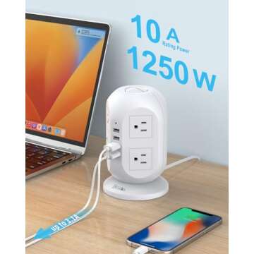Tower Surge Protector Power Strip, BESFAN 10 Ft Extension Cord with Multiple Outlets, 1050J Surge Protector, 8 Outlets 4 USB Ports Charging Station for Home Office Supplies Desk Accessories