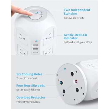 Tower Surge Protector Power Strip, BESFAN 10 Ft Extension Cord with Multiple Outlets, 1050J Surge Protector, 8 Outlets 4 USB Ports Charging Station for Home Office Supplies Desk Accessories