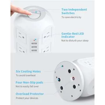 Tower Surge Protector Power Strip, BESFAN 10 Ft Extension Cord with Multiple Outlets, 1050J Surge Protector, 8 Outlets 4 USB Ports Charging Station for Home Office Supplies Desk Accessories