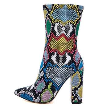 STUPMARY Women's Boots Pointed Toe Winter Ankle Bootie Colorful Snake Print Block High Heeled