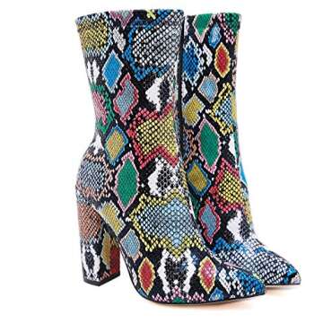 STUPMARY Women's Boots Pointed Toe Winter Ankle Bootie Colorful Snake Print Block High Heeled