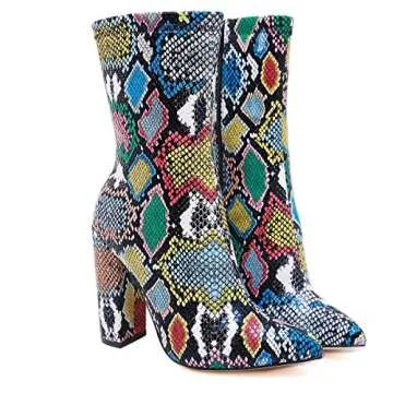STUPMARY Women's Boots Pointed Toe Winter Ankle Bootie Colorful Snake Print Block High Heeled