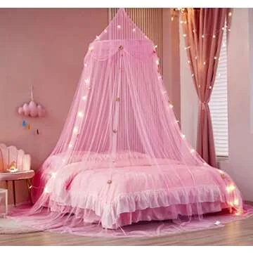 Nattey Bed Canopy for Girls with Star Lights,Princess Canopy Bed Curtains Mosquito Net with Gold Star for Girls Room Decor, Canopy for Bed Twin Single Full Queen Size Bed (Pink)
