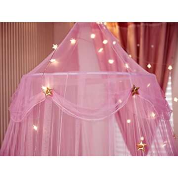 Nattey Bed Canopy for Girls with Star Lights,Princess Canopy Bed Curtains Mosquito Net with Gold Star for Girls Room Decor, Canopy for Bed Twin Single Full Queen Size Bed (Pink)