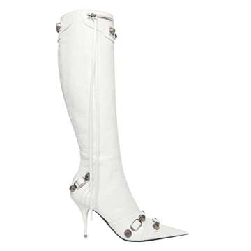 Ancomafio White Boots for Women, Knee High Boots Stiletto Heel Studded Boots Pointed Toe Rivets Tass...