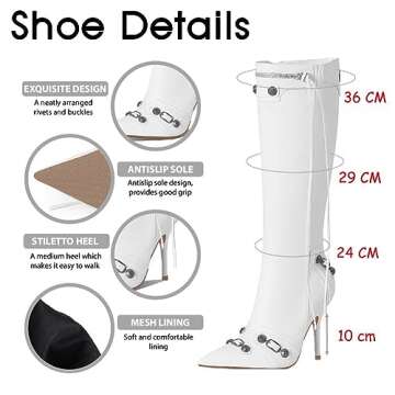 Ancomafio White Boots for Women, Knee High Boots Stiletto Heel Studded Boots Pointed Toe Rivets Tassel Boot Sexy High Heel Punk Boots Zipper size 8