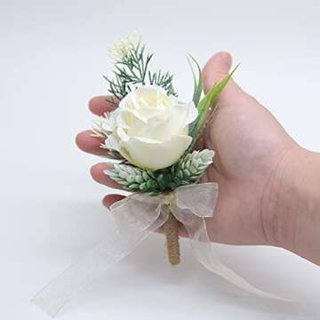 ETERNAL ANGEL Wedding Boutonnieres Ivory Rose Buttonholes Flowers White Artificial Groomsmen Boutonn...